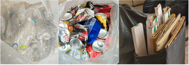 (a) Sorted hard plastic (bottles), can, and hard paper waiting for recycling